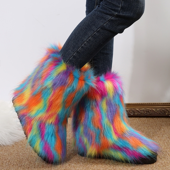 Colorful Faux Fur Women's Winter Boots